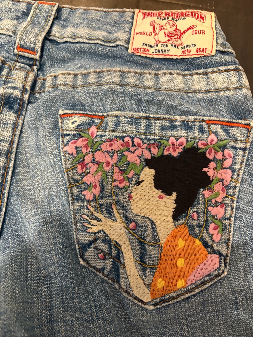True Religion Light Blue Denim Jeans with Pink Floral Embroidered Pocket